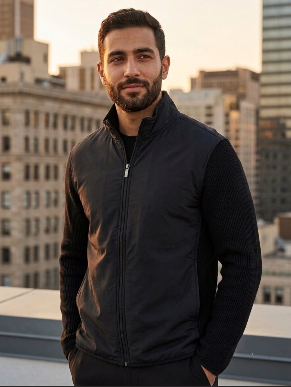 Perry Ellis Black Quilted-Front Bomber Jacket with Knit Sleeves
